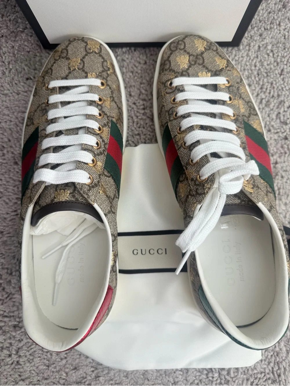 Gucci Men’s GG Supreme Sneaker with Red and Green Web and Gold Bee Motif
